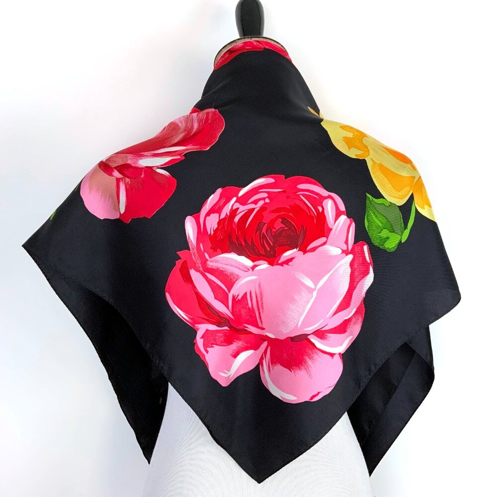 ECHO Large Square Silk Scarf Rose Blossons on Black Background 35" - Picture 3 of 16